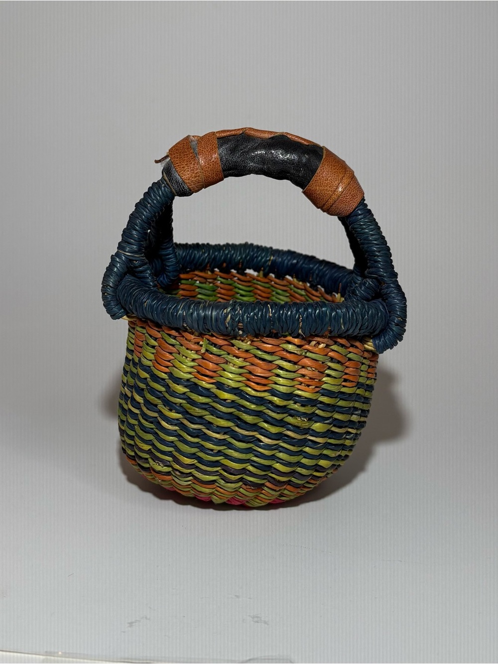 Handwoven Mini Basket with Handle — Blue, Green & Orange